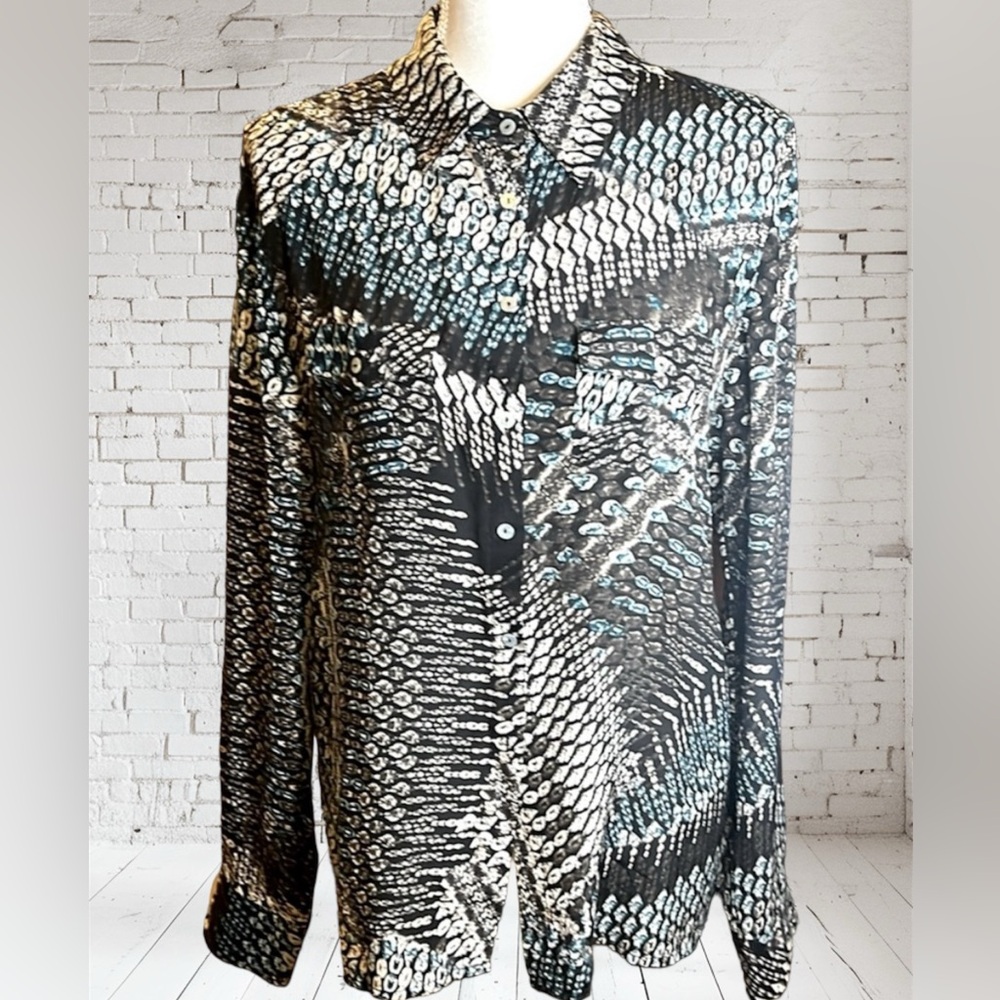 My Tribe 100% silk shirt in bold abstract print, size M